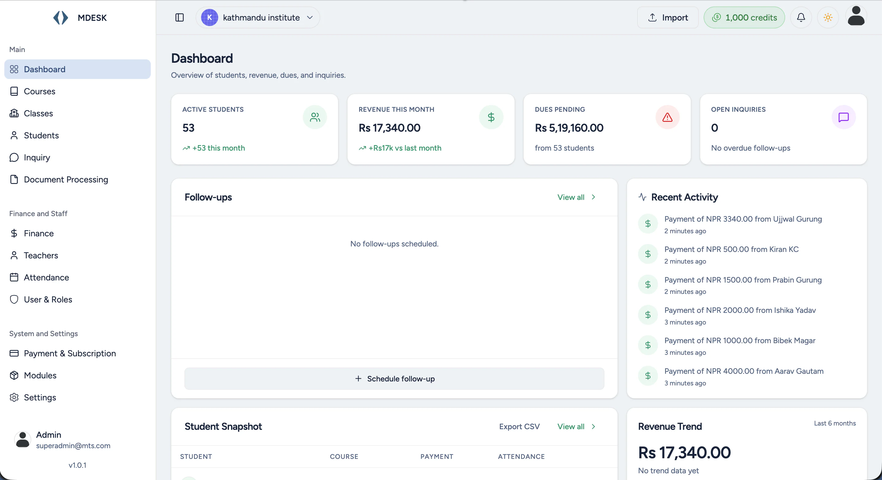 MDESK dashboard showing active students, revenue this month in rupees, pending dues and recent fee payments