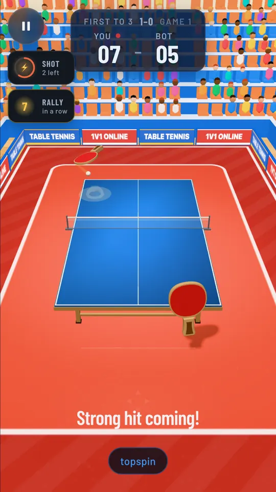 Table Tennis: 1v1 Online gameplay: a rally on a blue table in a full arena, score 07–05